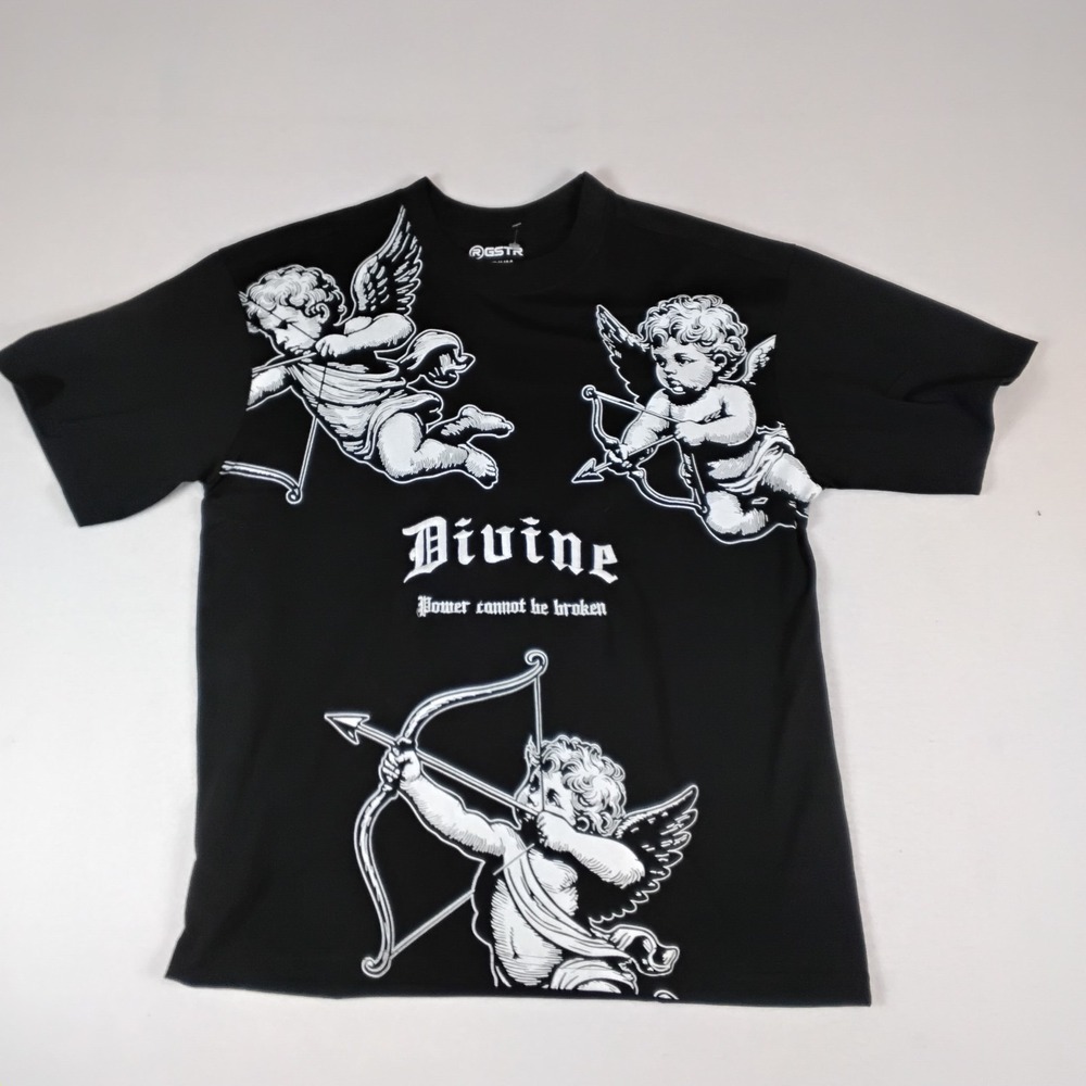 RGSTR Divine Cherub Angel Graphic Tee Oversized Black Gothic Streetwear Medium